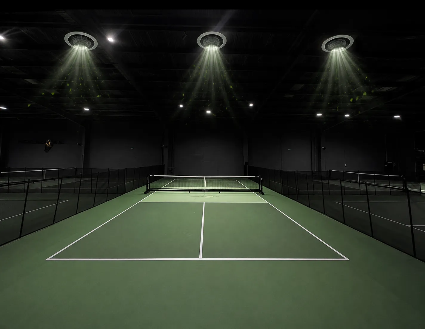 Pickleholic's championship court under dramatic overhead lighting